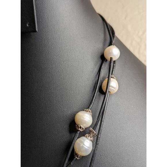 925 Sterling Three Strand Floating Genuine Freshwater Pearl Corded Necklace - Picture 4 of 10